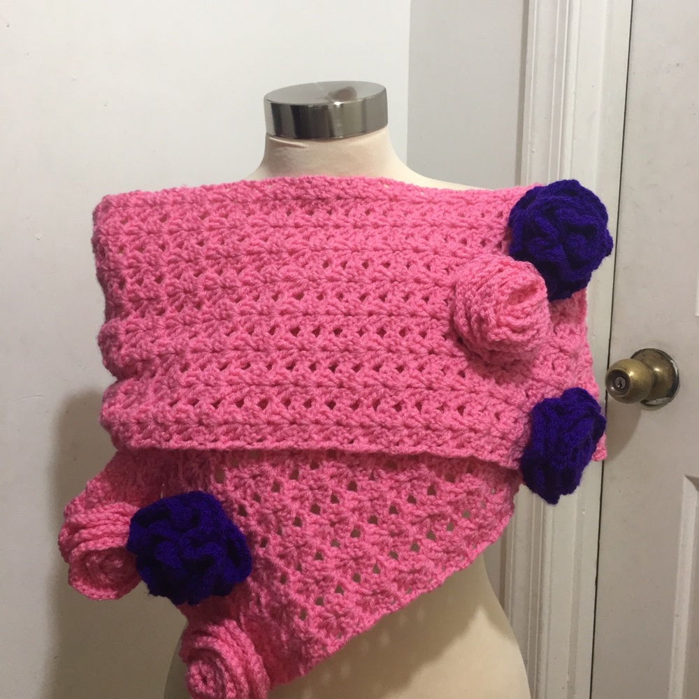 Shawl accented with pink and purple roses